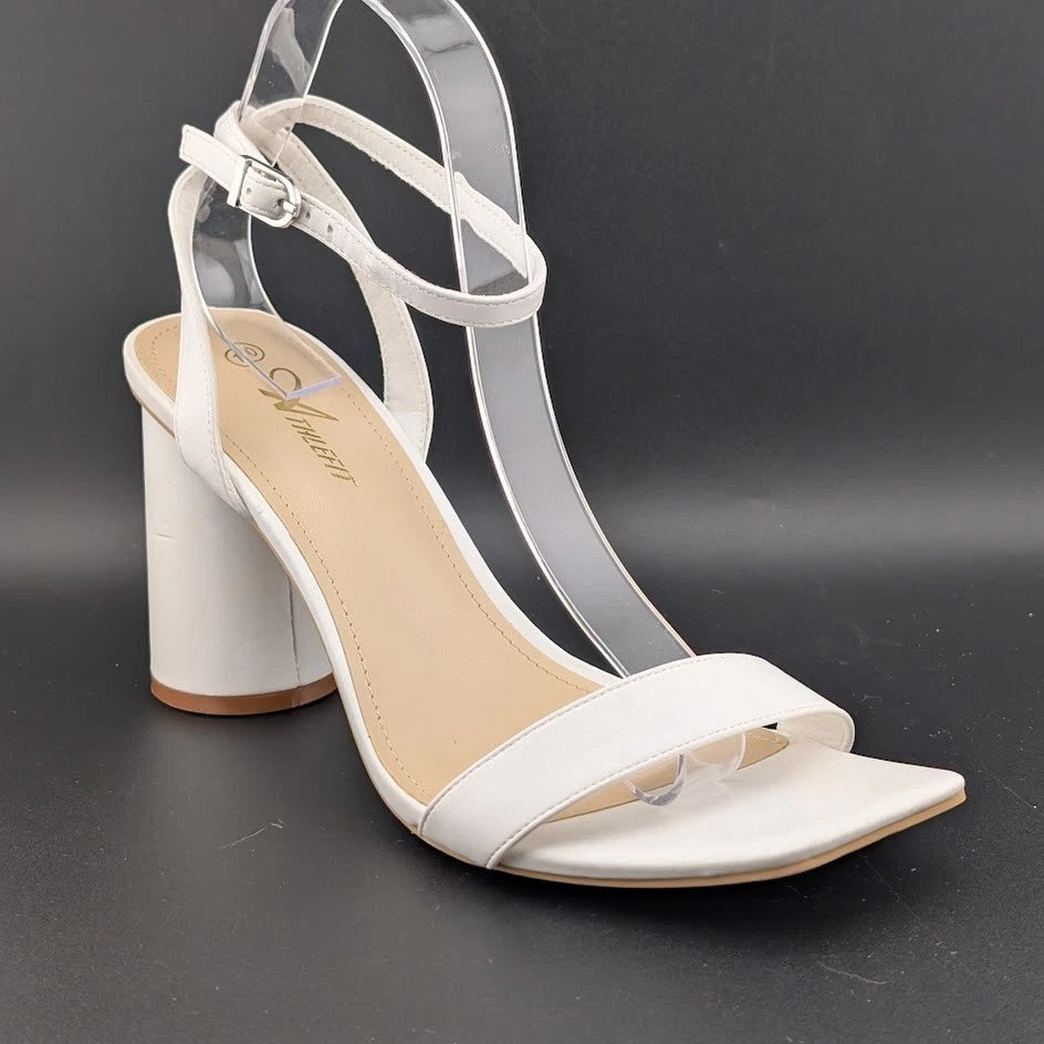 Women Size 10 White Comfort Sandals w/Ankle Wrap Strap Square Toe 4" Round Heel Athlefit