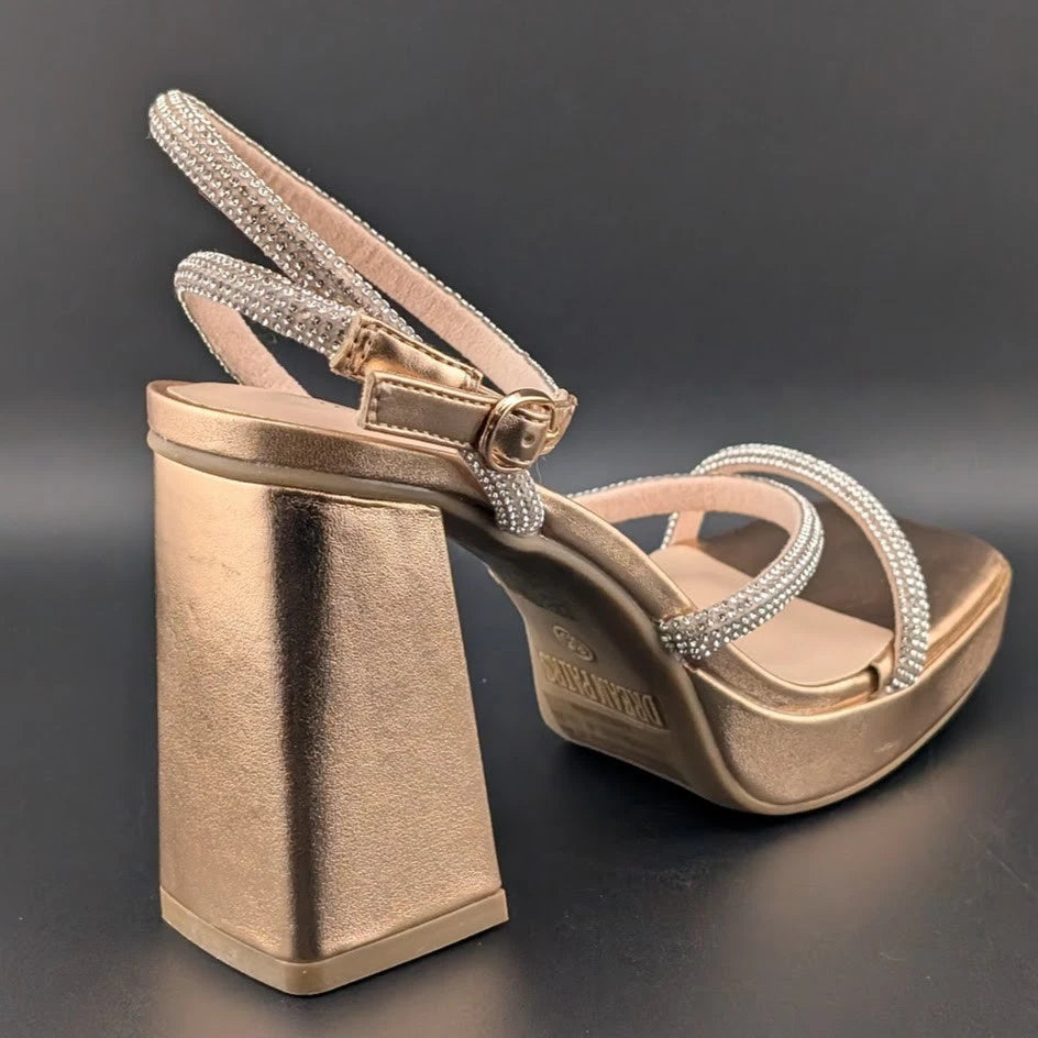 Women's Size 6.5 Bronze Metallic Platform Strappy 4" Block Heels w/ Rhinestones SoleComfort.shoes