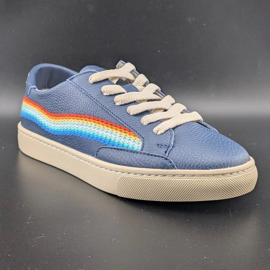 NWB Womens Size 6.5* Soludos Ibiza Blue Leather Embroidered Rainbow Wave Sneaker SoleComfort.shoes