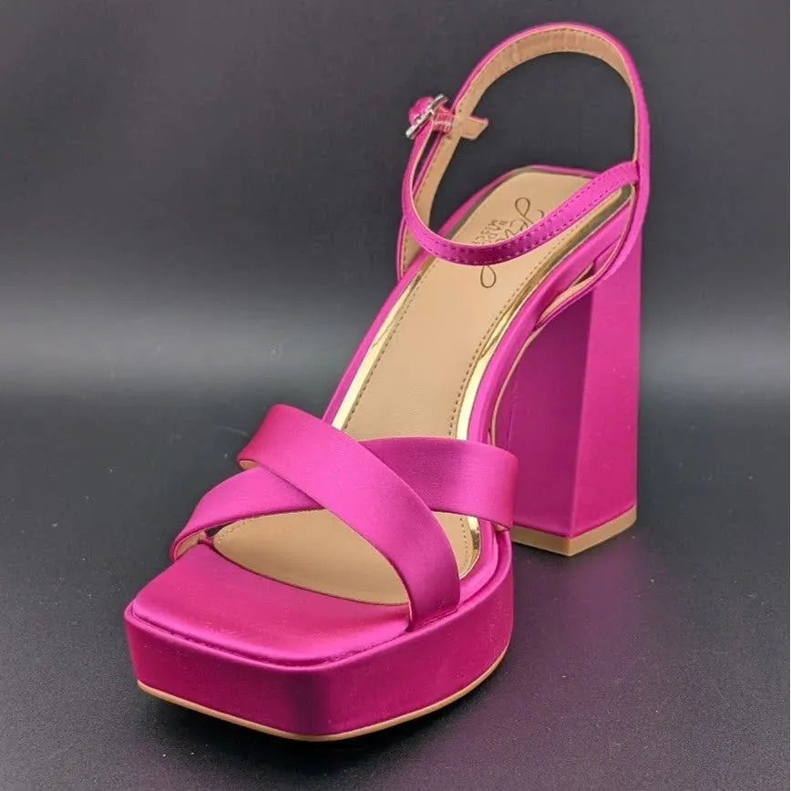 NEW | Jewel Badgley Mischka Sz 8 Rainbow Chunky Platforms Pink Satin JW4628 SoleComfort.shoes