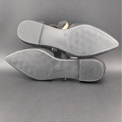 Womens Size 6.5 D'Orsay Dress Flat Ankle Strap and Low Pancake Heel Black Nubuck Trary