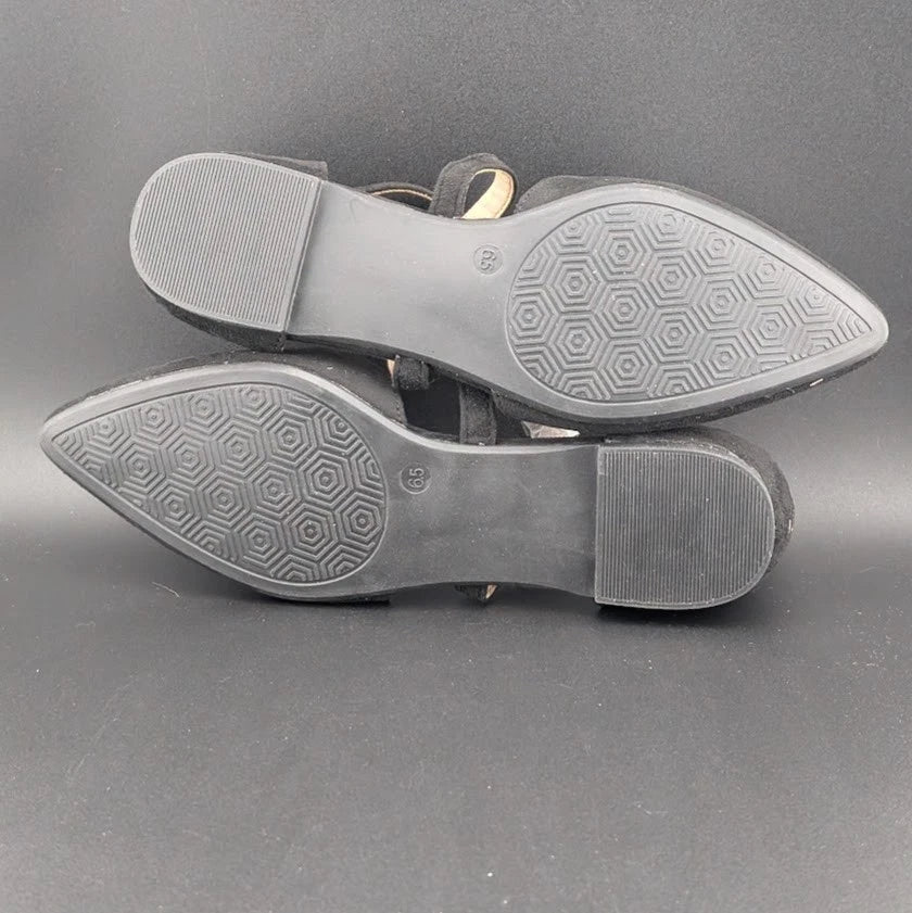 Womens Size 6.5 D'Orsay Dress Flat Ankle Strap and Low Pancake Heel Black Nubuck Trary
