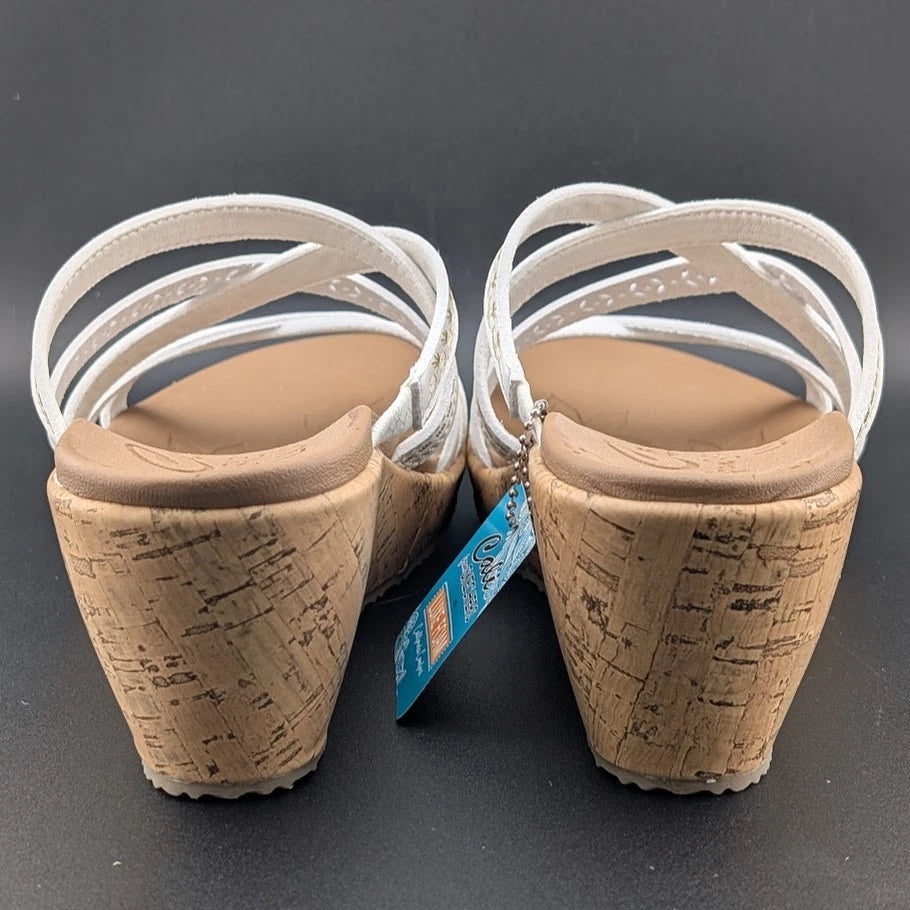 Skechers Cali Size US 11 Luxe Foam Tan White Cork Wedge Heel Sandals 31714/WHT SoleComfort.shoes
