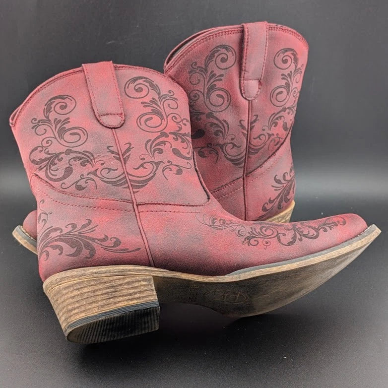 Roper Size 10 Short Stuff Embroidery Snip Toe Cowboy Booties Womens Casual Boot SoleComfort.shoes