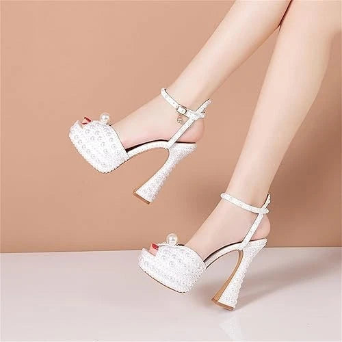 Womens EU 40 Open Toe Pearl Platform Heels Chunky Buckle Ankle (US 9-9.5) Goolita