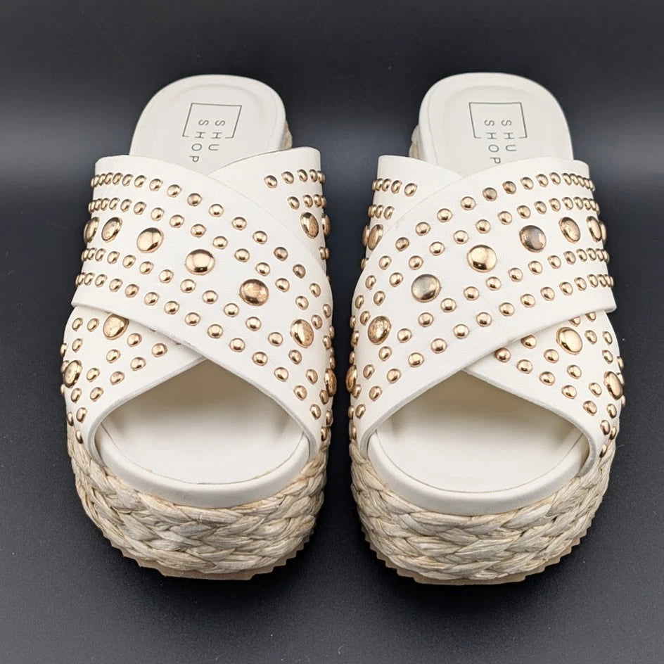 SHUSHOP Kaia | Womens 8M| Platform Sandals Bone w/ Gold Studs | New in Box SoleComfort.shoes