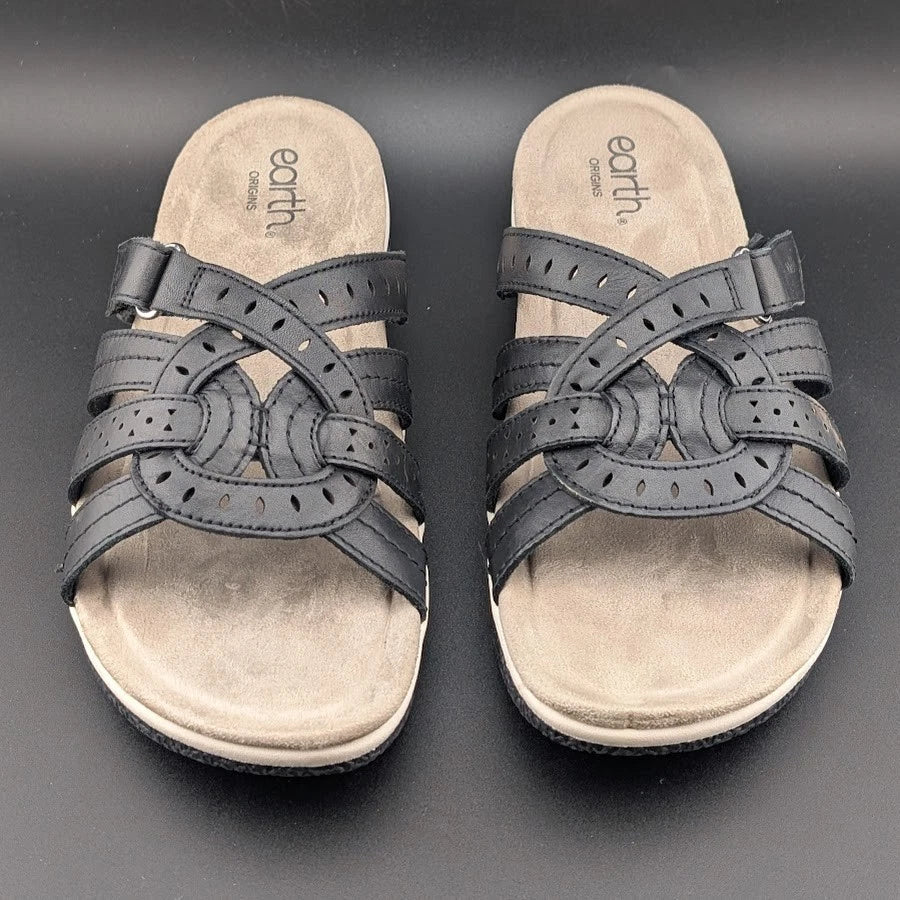 Reconditioned Earth Women's Size 11M Sassoni Strappy Slip On Sandals in Black Leather Earth Origins