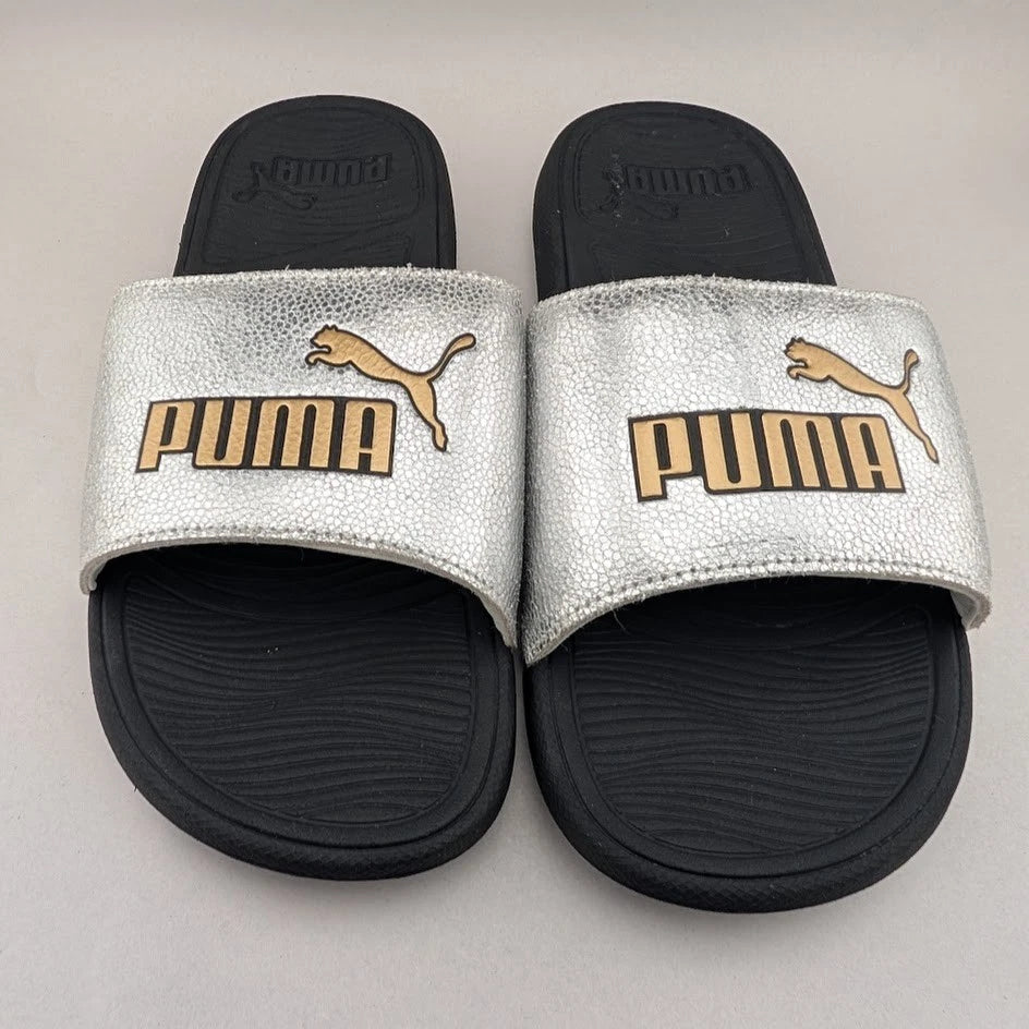 Puma Size Cool Cat 2.0 Silver & Gold Logo Soft Slides Men’s Slip-On Sandals Puma