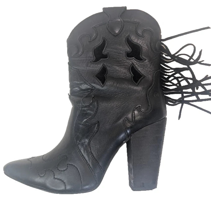 Dingo Black Leather Lady’s Night Pointed Toe Mid Calf Fringe Boots US sz 11M