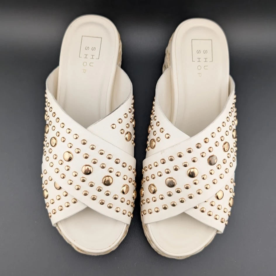 SHUSHOP Kaia | Womens 8M| Platform Sandals Bone w/ Gold Studs | New in Box SoleComfort.shoes