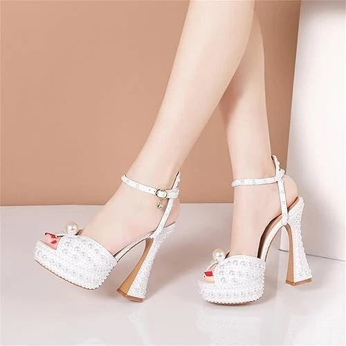 Womens EU 40 Open Toe Pearl Platform Heels Chunky Buckle Ankle (US 9-9.5) Goolita