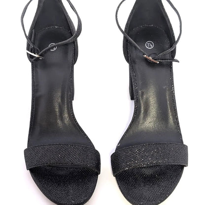 Mysoft Womens Sz 7.5 Black Sparkle Open-Toe Block Hi Heeled Ankle Strap Sandals SoleComfort.shoes