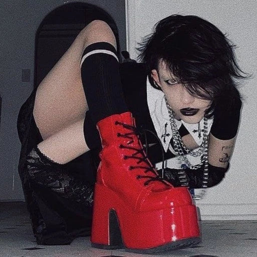 Red Patent Platform Boots Festival Rave Burning Man Gogo Dancer Shoes Demonia SoleComfort.shoes