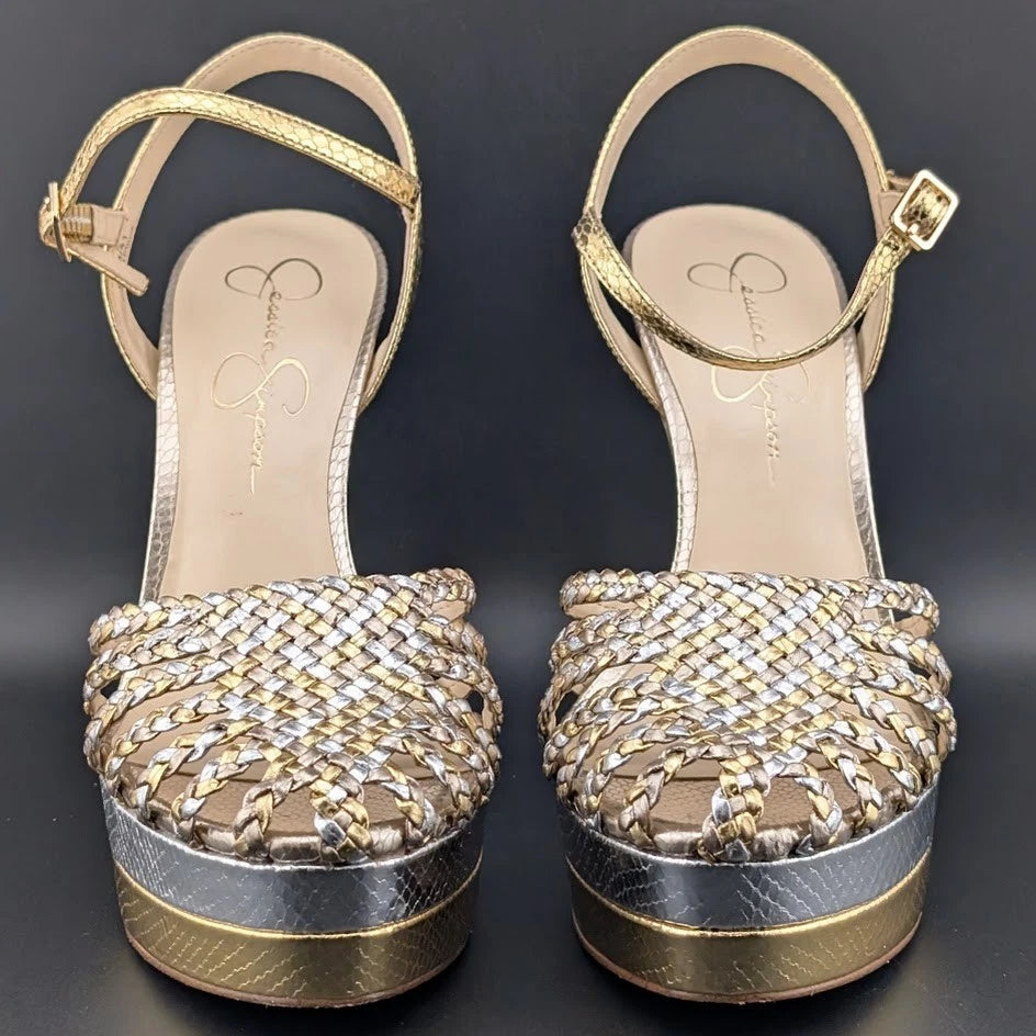 Woman's Size 9.5 Dress Shoes Jessica Simpson Inaia Platform Gold /Silver SoleComfort.shoes