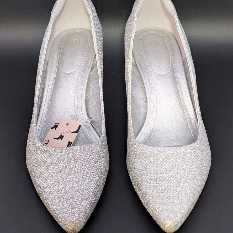 mysoft Womens Size 9 Silver Glitter Pumps 2” Kitten Heel Pointed Toe Dress Shoes SoleComfort.shoes