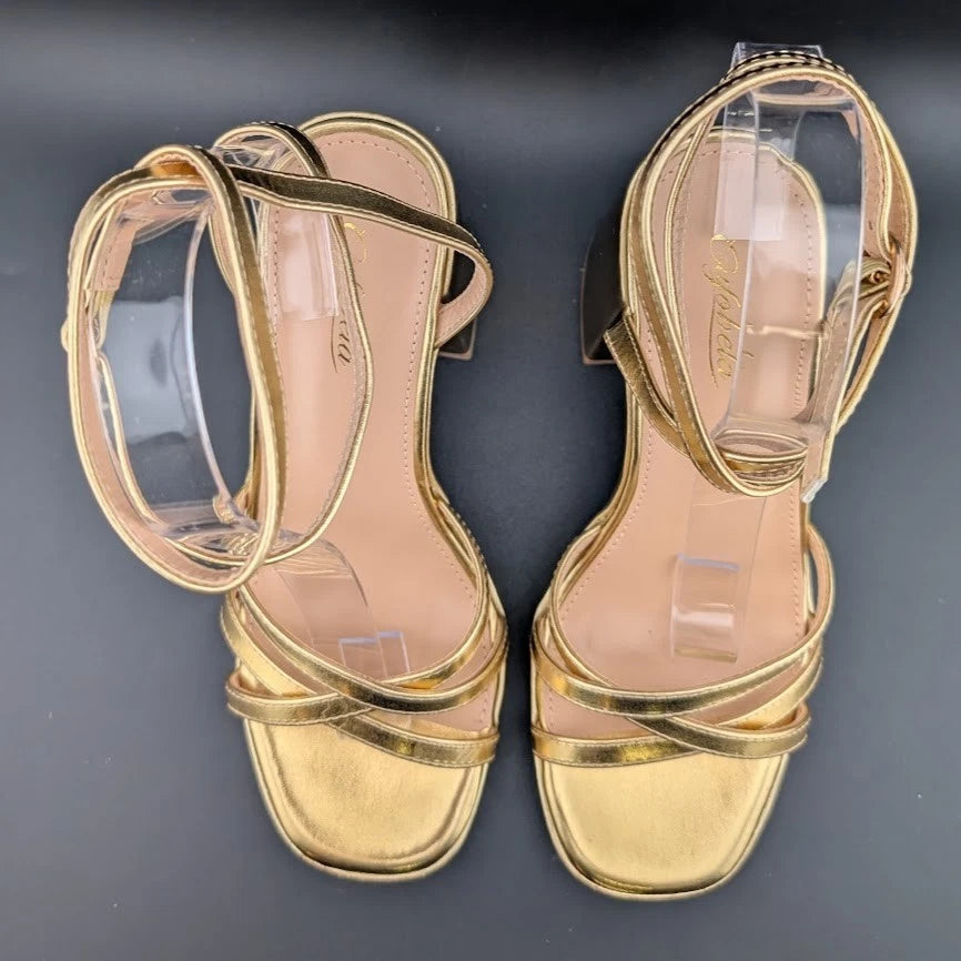 Gufobela Women's Size 7 Gold Hi Strappy Platform 4" Chunky Heel Open Toe Sandals Unbranded