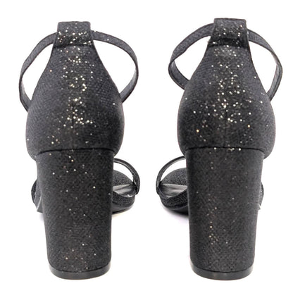 Mysoft Womens Sz 7.5 Black Sparkle Open-Toe Block Hi Heeled Ankle Strap Sandals SoleComfort.shoes