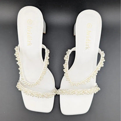 Womens Sz 8 Pearl Sandals Low Square Open Toe Block Chunky Heels Slip On Slides Avidirk