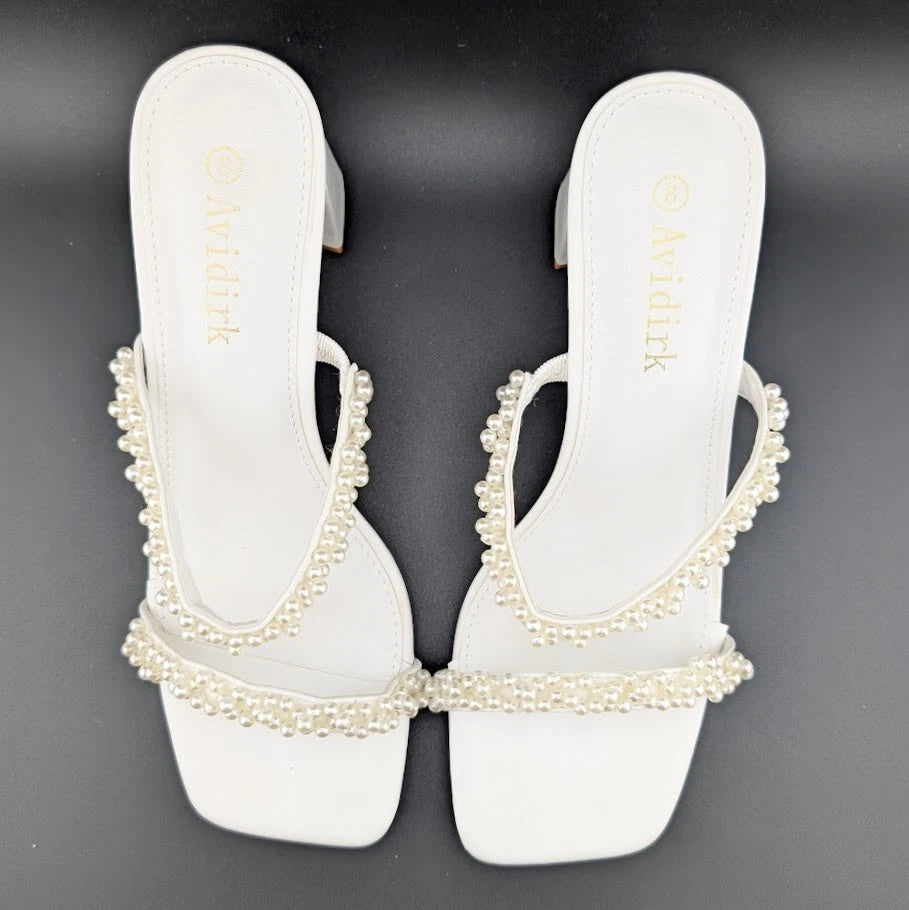 Womens Sz 8 Pearl Sandals Low Square Open Toe Block Chunky Heels Slip On Slides Avidirk
