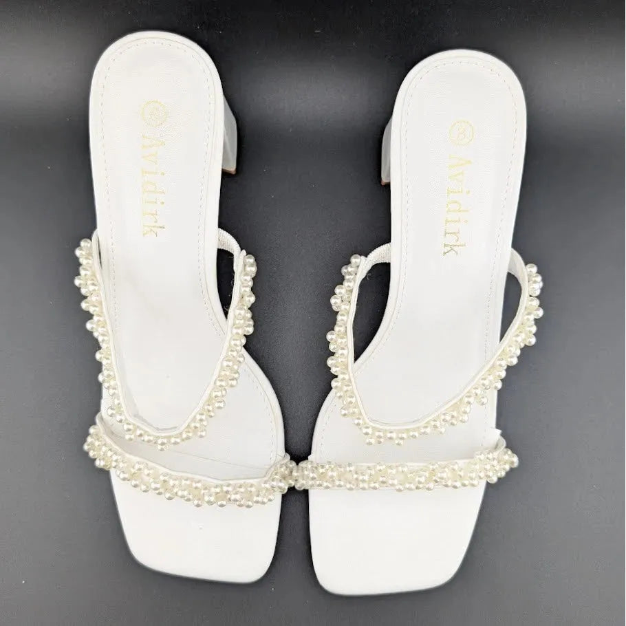 Womens Sz 8 Pearl Sandals Low Square Open Toe Block Chunky Heels Slip On Slides Avidirk