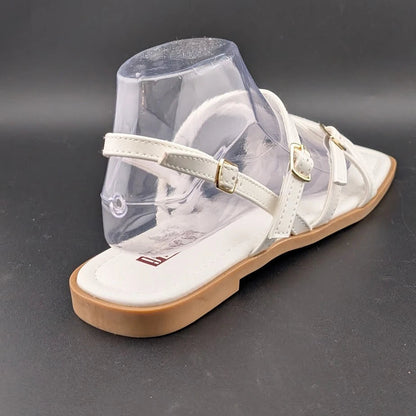 Women's Size 8 Square Toe Strappy Ankle Buckle Flat Sandals White SoleComfort.shoes
