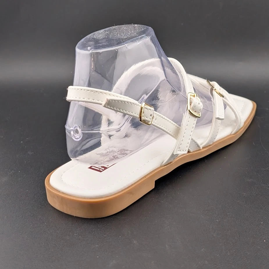 Women's Size 8 Square Toe Strappy Ankle Buckle Flat Sandals White SoleComfort.shoes