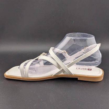 Women's Size 8 Square Toe Strappy Ankle Buckle Flat Sandals White SoleComfort.shoes