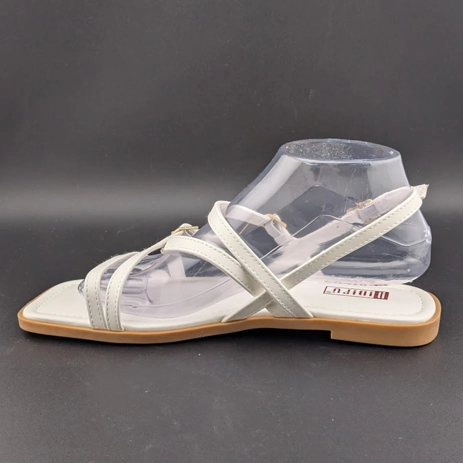 Women's Size 8 Square Toe Strappy Ankle Buckle Flat Sandals White SoleComfort.shoes