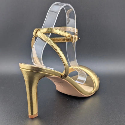 Modatope Size 9.5 Gold Shoes Square Open Toe Open Heels Ankle Strap Sexy Party SoleComfort.shoes