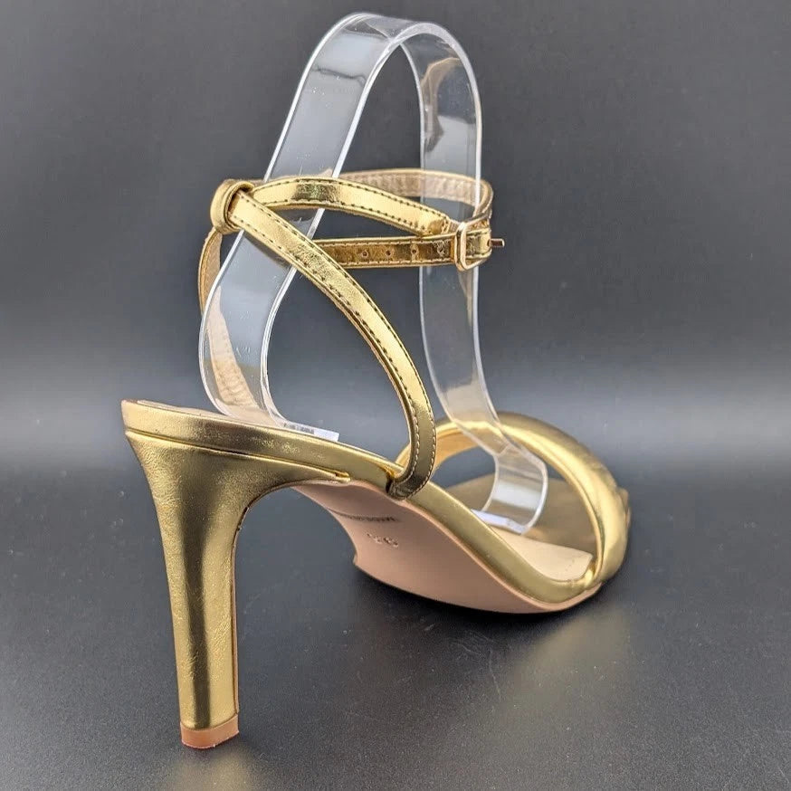 Modatope Size 9.5 Gold Shoes Square Open Toe Open Heels Ankle Strap Sexy Party SoleComfort.shoes