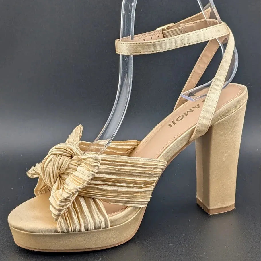 Womens Sz 36 Satin Bow Sandals Chunky Block Heel Open-Toe Platform Dress or Casual Amoji