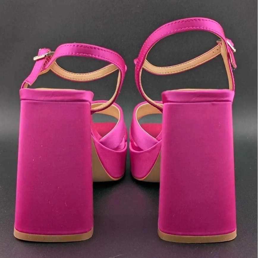 NEW | Jewel Badgley Mischka Sz 8 Rainbow Chunky Platforms Pink Satin JW4628 SoleComfort.shoes