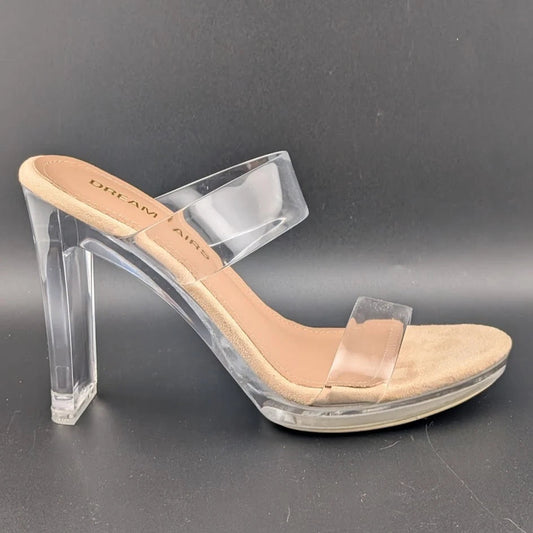 Women Clear Two Strap Open Toe High Block Chunky Slip On Dress Heel Sandals SoleComfort.shoes
