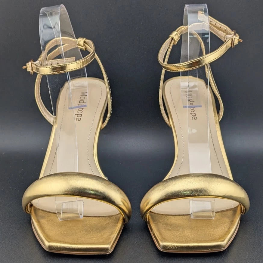 Modatope Size 9.5 Gold Shoes Square Open Toe Open Heels Ankle Strap Sexy Party SoleComfort.shoes