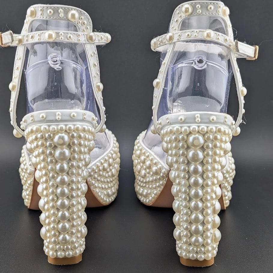 Womens EU 40 Open Toe Pearl Platform Heels Chunky Buckle Ankle (US 9-9.5) SoleComfort.shoes