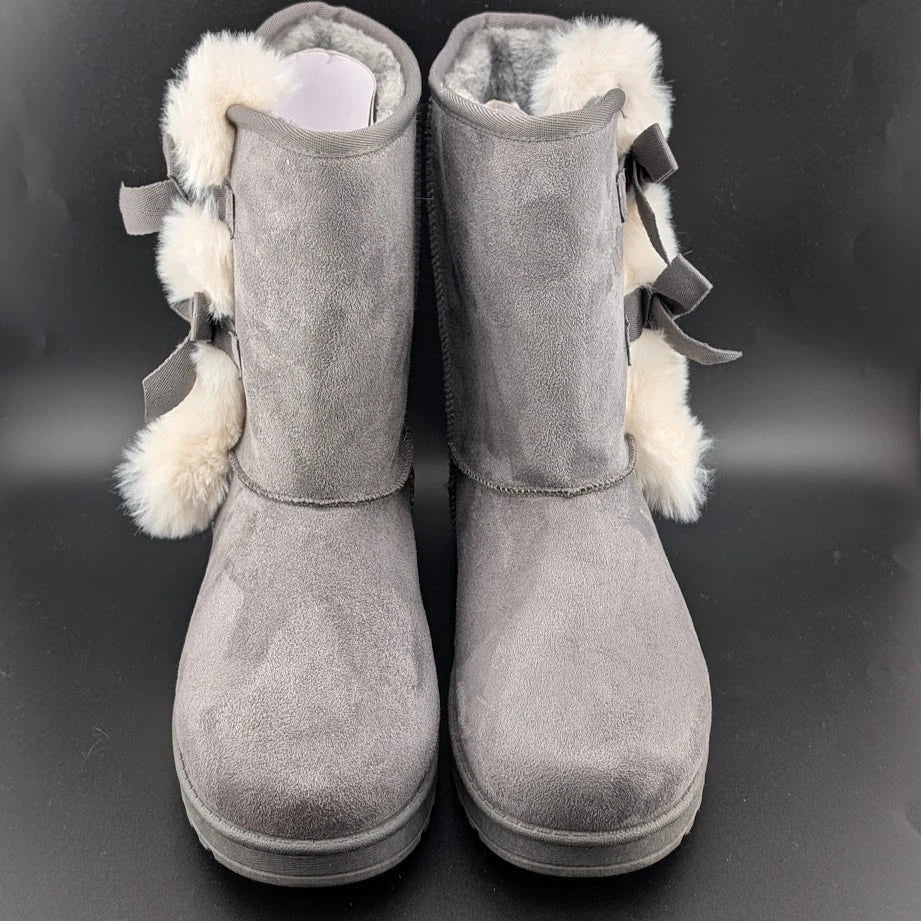 Koolaburra by UGG Size 11 Victoria Short Winter Boots Women's Grey -2 Bow 4 Puff SoleComfort.shoes