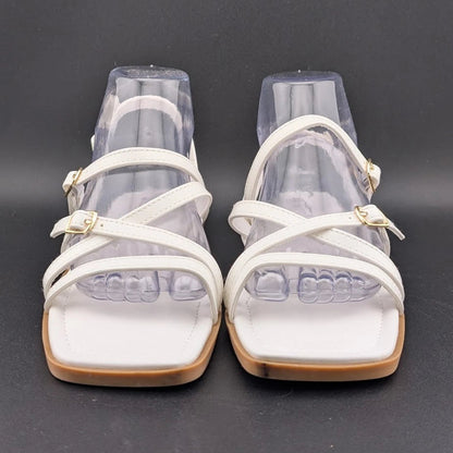 Women's Size 8 Square Toe Strappy Ankle Buckle Flat Sandals White SoleComfort.shoes