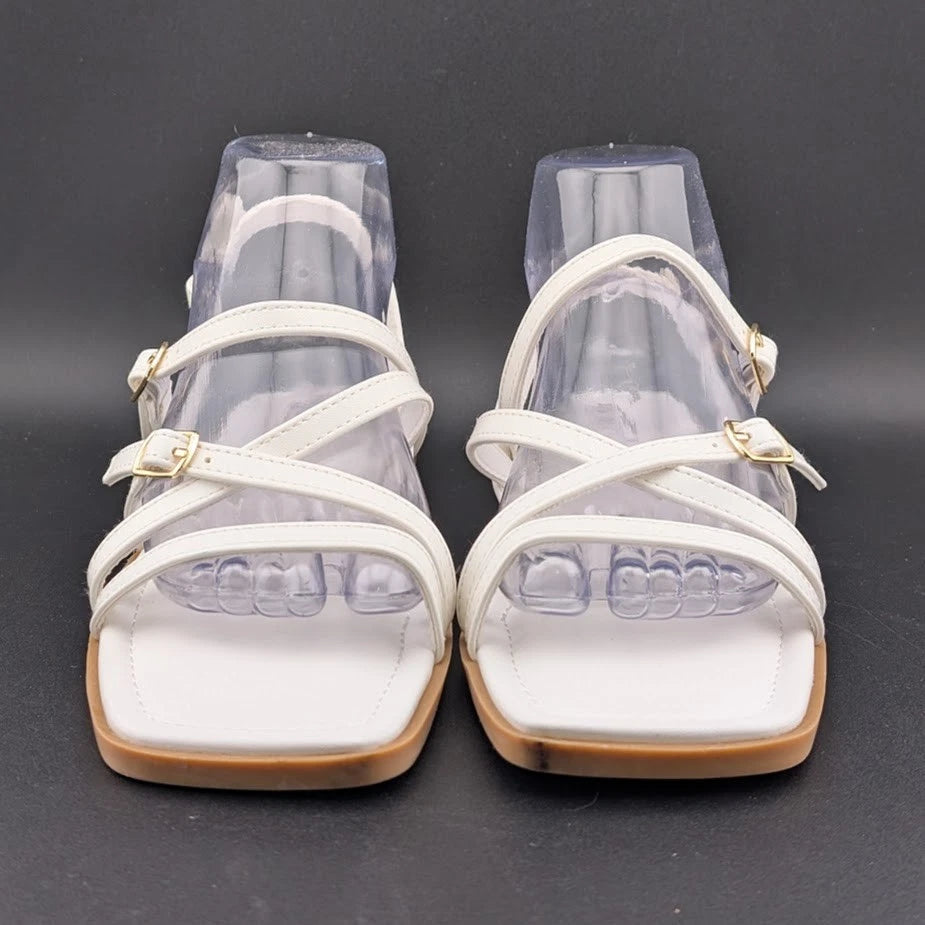 Women's Size 8 Square Toe Strappy Ankle Buckle Flat Sandals White SoleComfort.shoes