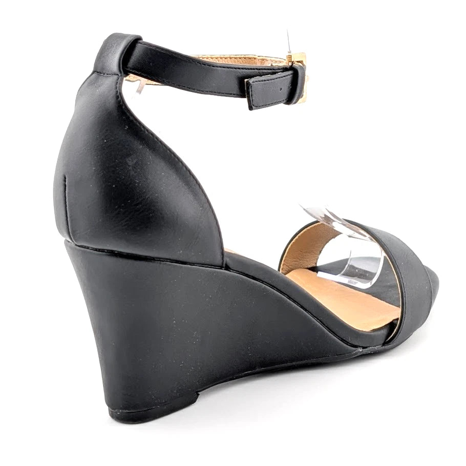 IDIFU Black Wedge Dress Sandal with Round Toe and Ankle Strap Size 8.5 SoleComfort.shoes