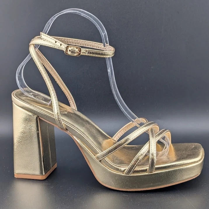Trary Women's Size 8 Gold Strappy Platform 4" Chunky Heel Open Toe Sandals SoleComfort.shoes