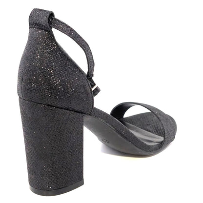 Mysoft Womens Sz 7.5 Black Sparkle Open-Toe Block Hi Heeled Ankle Strap Sandals SoleComfort.shoes