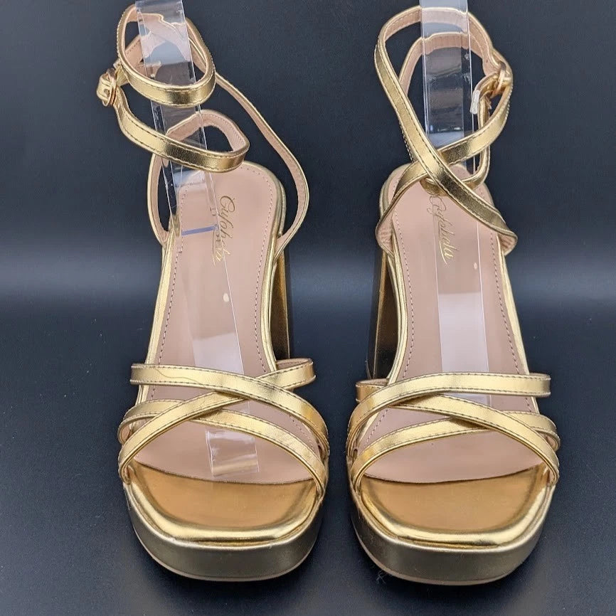 Gufobela Women's Size 7 Gold Hi Strappy Platform 4" Chunky Heel Open Toe Sandals Unbranded