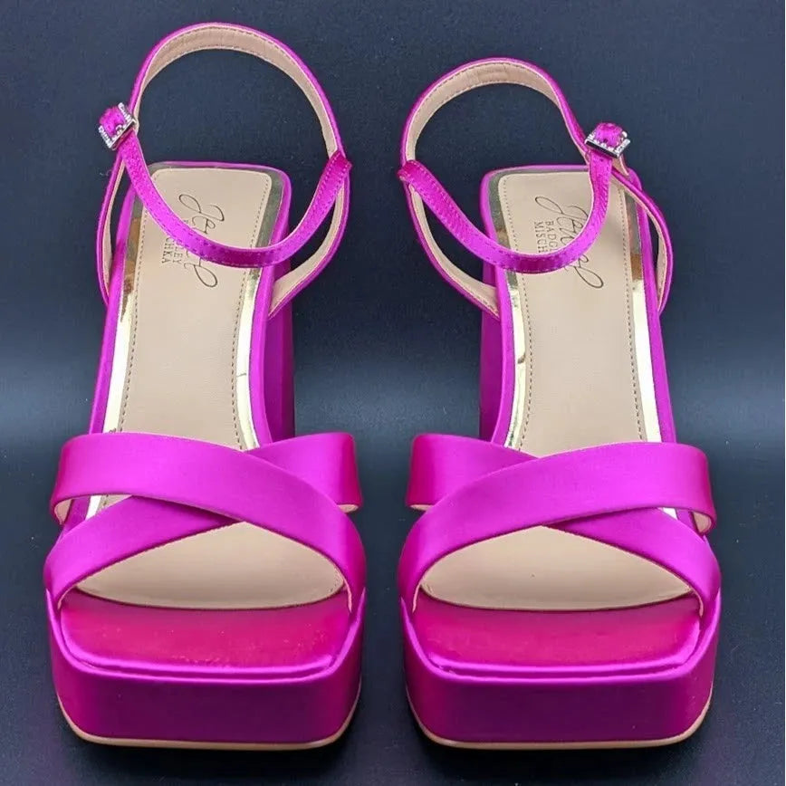 NEW | Jewel Badgley Mischka Sz 8 Rainbow Chunky Platforms Pink Satin JW4628 SoleComfort.shoes