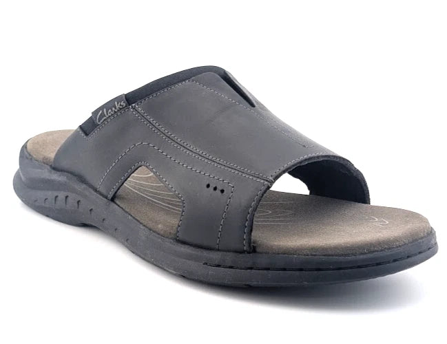 Clarks Mens Size 9.5W Walkford Band Slide Sandal Black Leather - Summer's Staple
