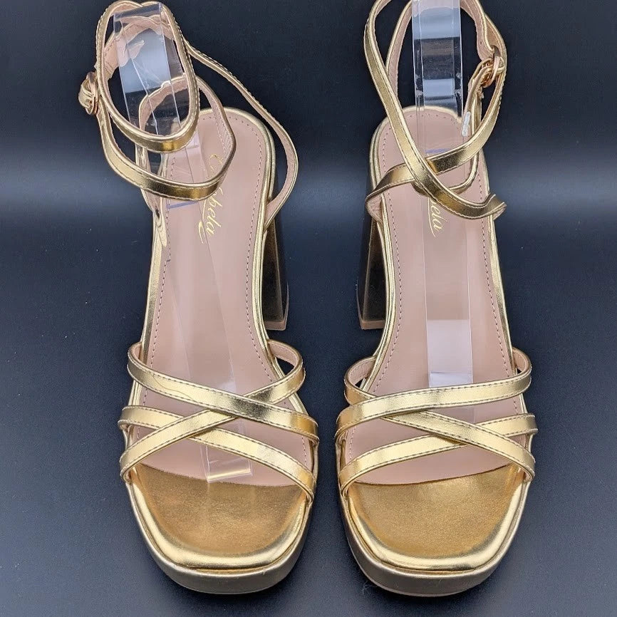 Gufobela Women's Size 7 Gold Hi Strappy Platform 4" Chunky Heel Open Toe Sandals Unbranded