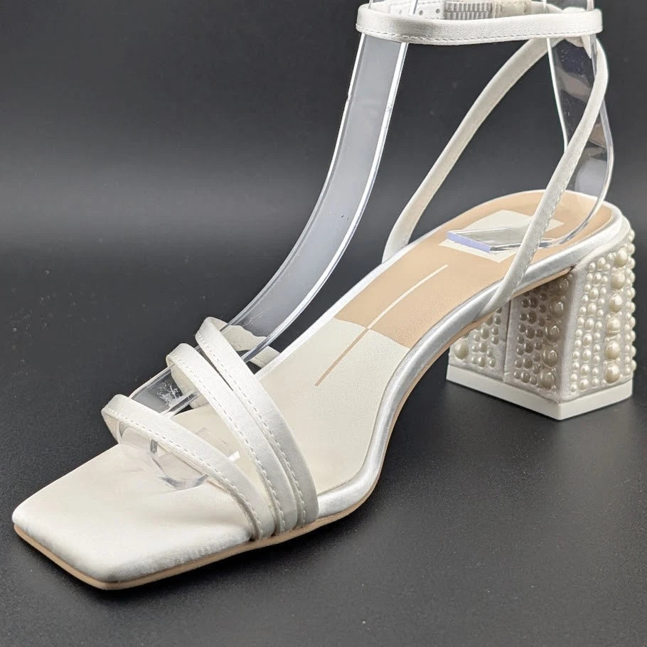 Dolce Vita Women's Sz 6 Ysabel Pearl 2.4" Chunk Heeled Sandal True White Satin SoleComfort.shoes