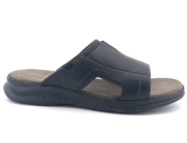 Clarks Mens Size 9.5W Walkford Band Slide Sandal Black Leather - Summer's Staple