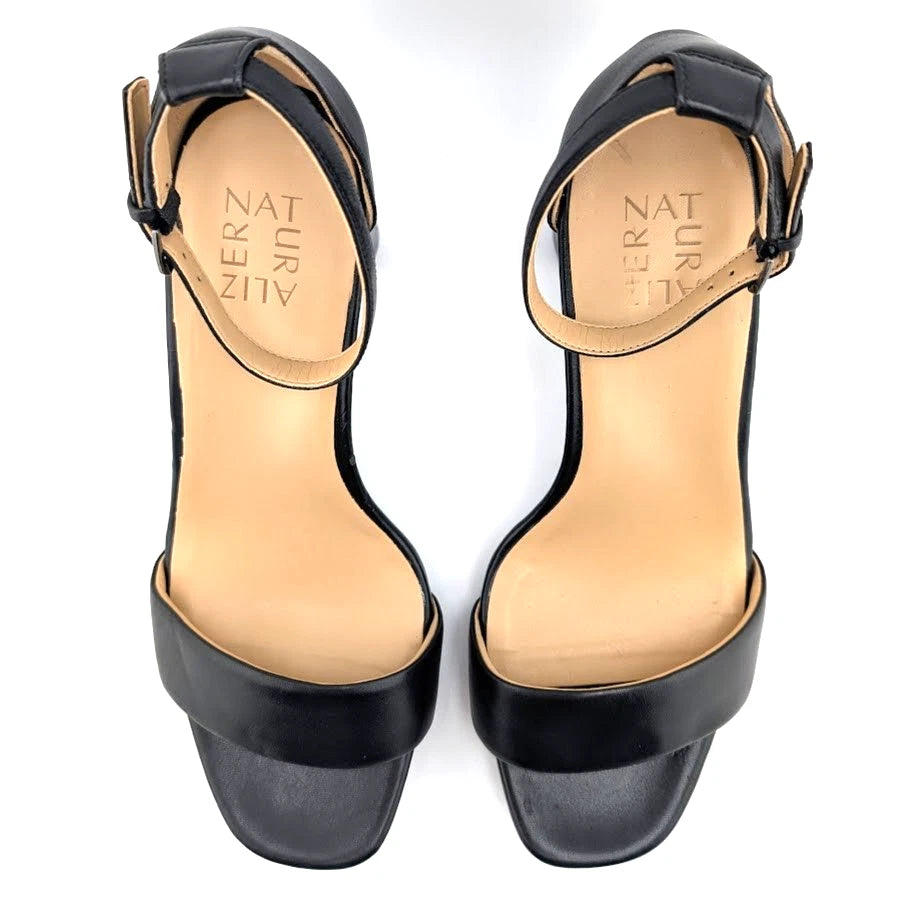 Naturalizer Women's Size 9.5W Joy Black Leather Sandals with 4" Chunky Heels SoleComfort.shoes