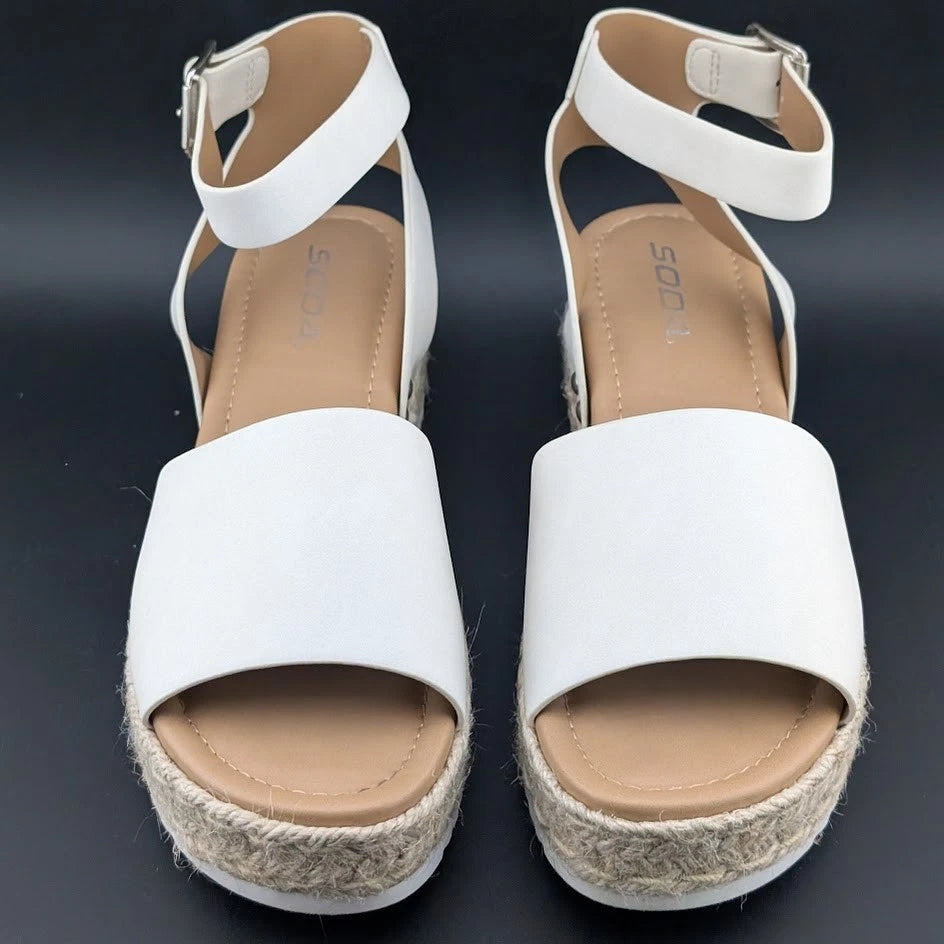 Womens Size 7.5 Soda "Topic" Espadrille Ankle Strap Platform Sandal Off-White SoleComfort.shoes