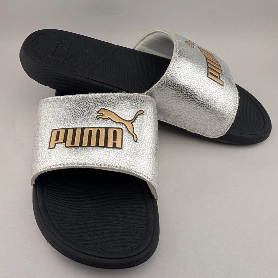Puma Size Cool Cat 2.0 Silver & Gold Logo Soft Slides Men’s Slip-On Sandals Puma